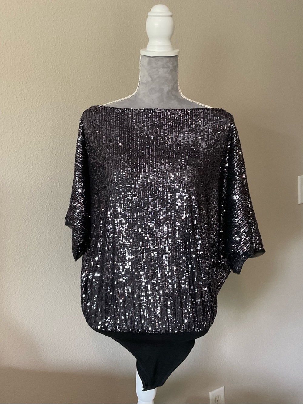 Free People Black Sequin Boatneck Bodysuit